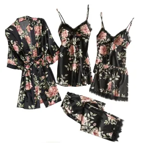 5pc Sexy Lace Satin Robe Bathrobe Trousers Shorts Lingerie Set Pajamas Sleepwear Nightgown Womens Pajamas Sleepwear Summer