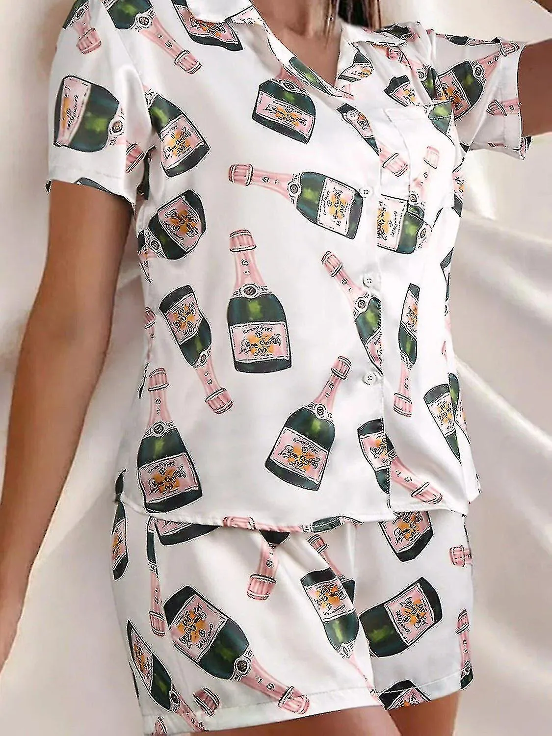 Champagne Bottles Button Pajama Set Women Printed Short Sleeve 2 Pieces Soft Loose Casual Sleepwear-YuJia