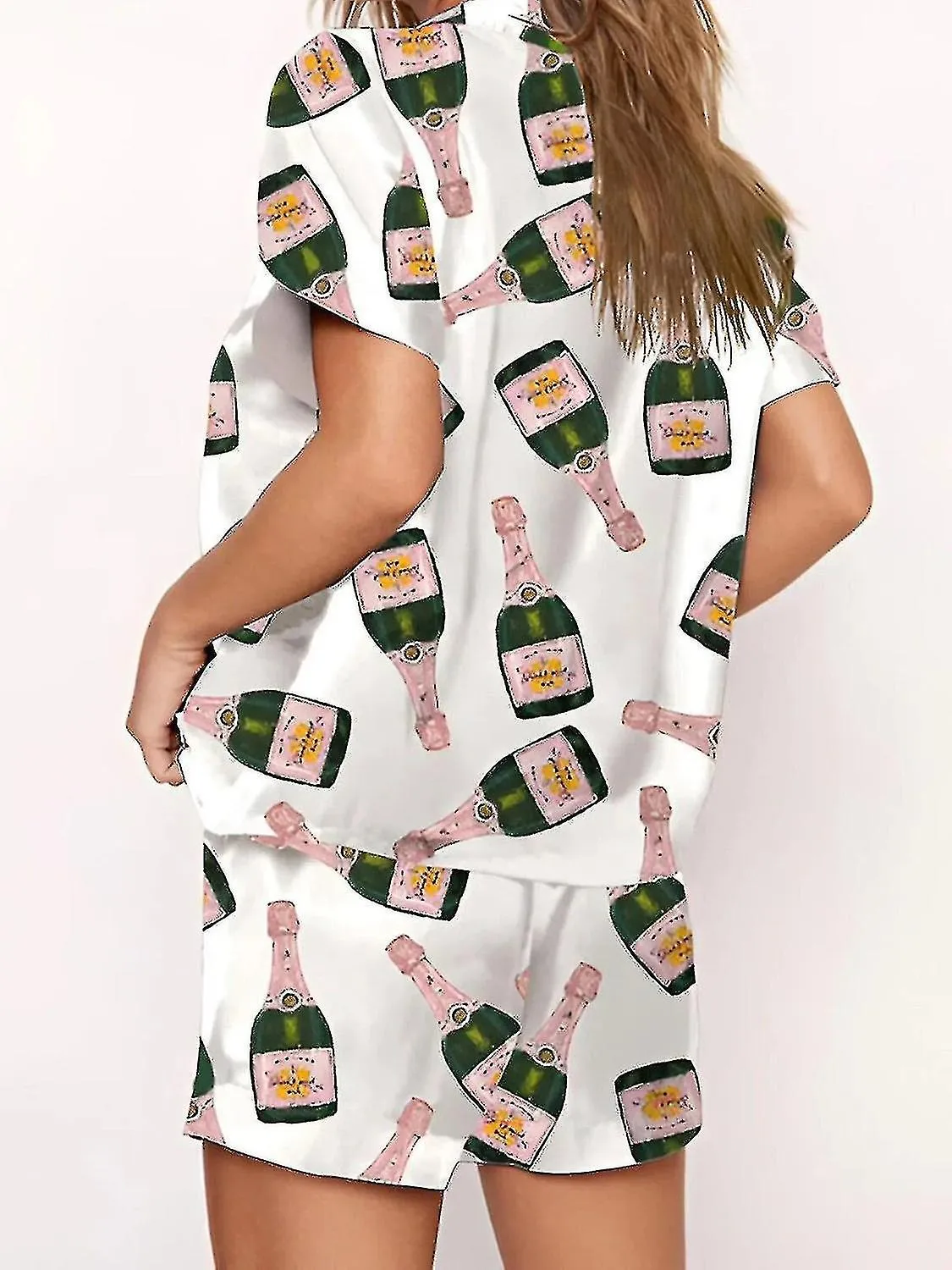 Champagne Bottles Button Pajama Set Women Printed Short Sleeve 2 Pieces Soft Loose Casual Sleepwear-YuJia