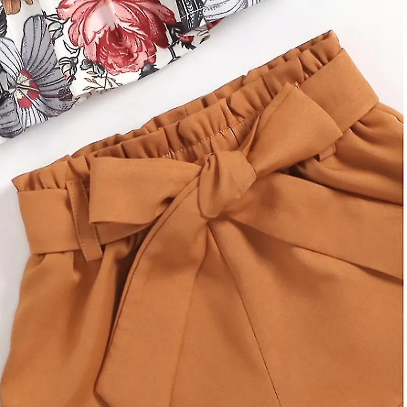 European And American Girls Summer, Sleeveless Sling Flower Children's Suit Bow Shorts Two-piece Set, Brown, 100cm