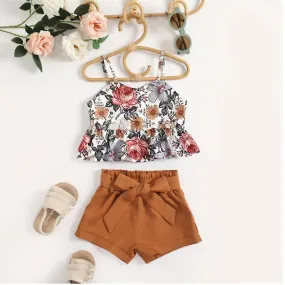 European And American Girls Summer, Sleeveless Sling Flower Children's Suit Bow Shorts Two-piece Set, Brown, 100cm