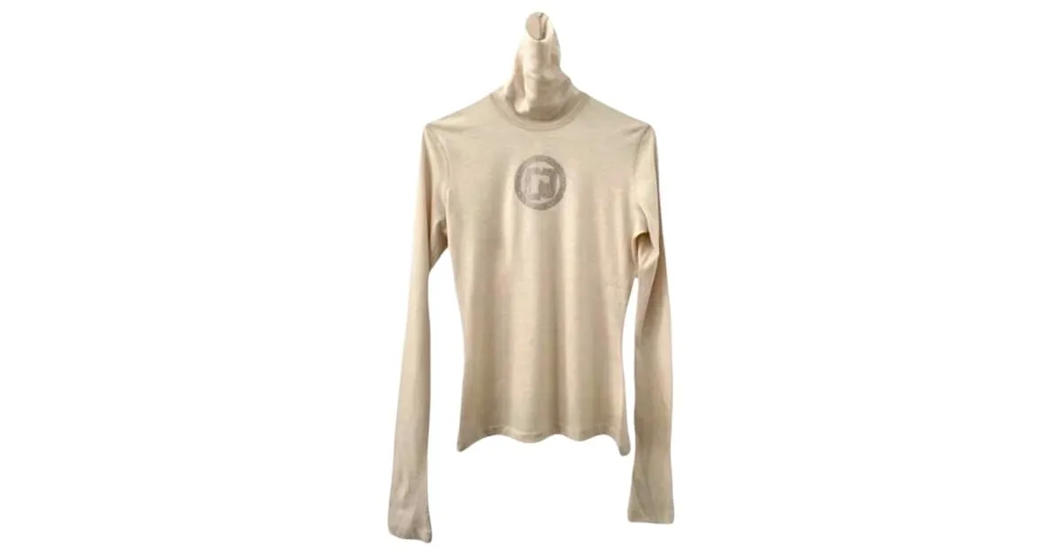 Jersey de cuello alto Paco Rabanne 38/40 de cachemira beige con monograma y strass Plata Hardware de plata 