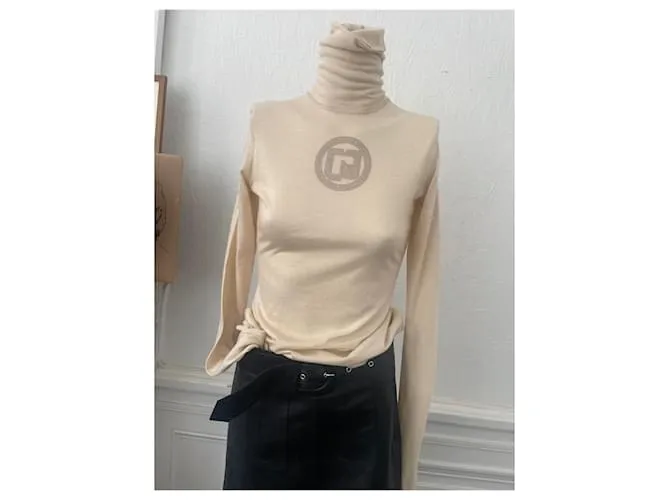 Jersey de cuello alto Paco Rabanne 38/40 de cachemira beige con monograma y strass Plata Hardware de plata 