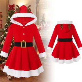 Kids Girls Christmas Party Elk Santa Cosplay Hooded Long Sleeve Swing Dress Xmas Stage Performance Costume Gifts