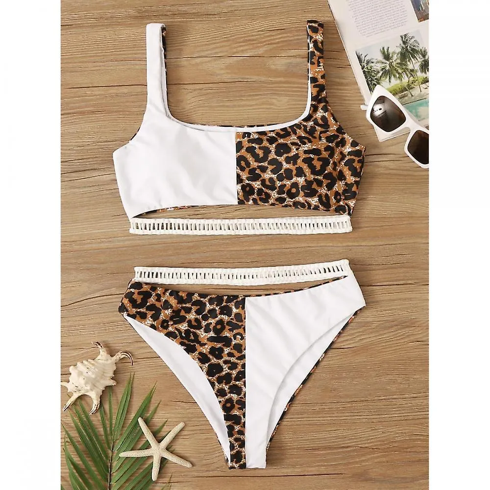 Leopard White Color Contrast Sexy Split Triangle High Waist Bikini Underwaist Swimsuit for Holiday (m)