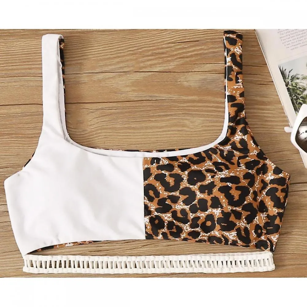 Leopard White Color Contrast Sexy Split Triangle High Waist Bikini Underwaist Swimsuit for Holiday (m)