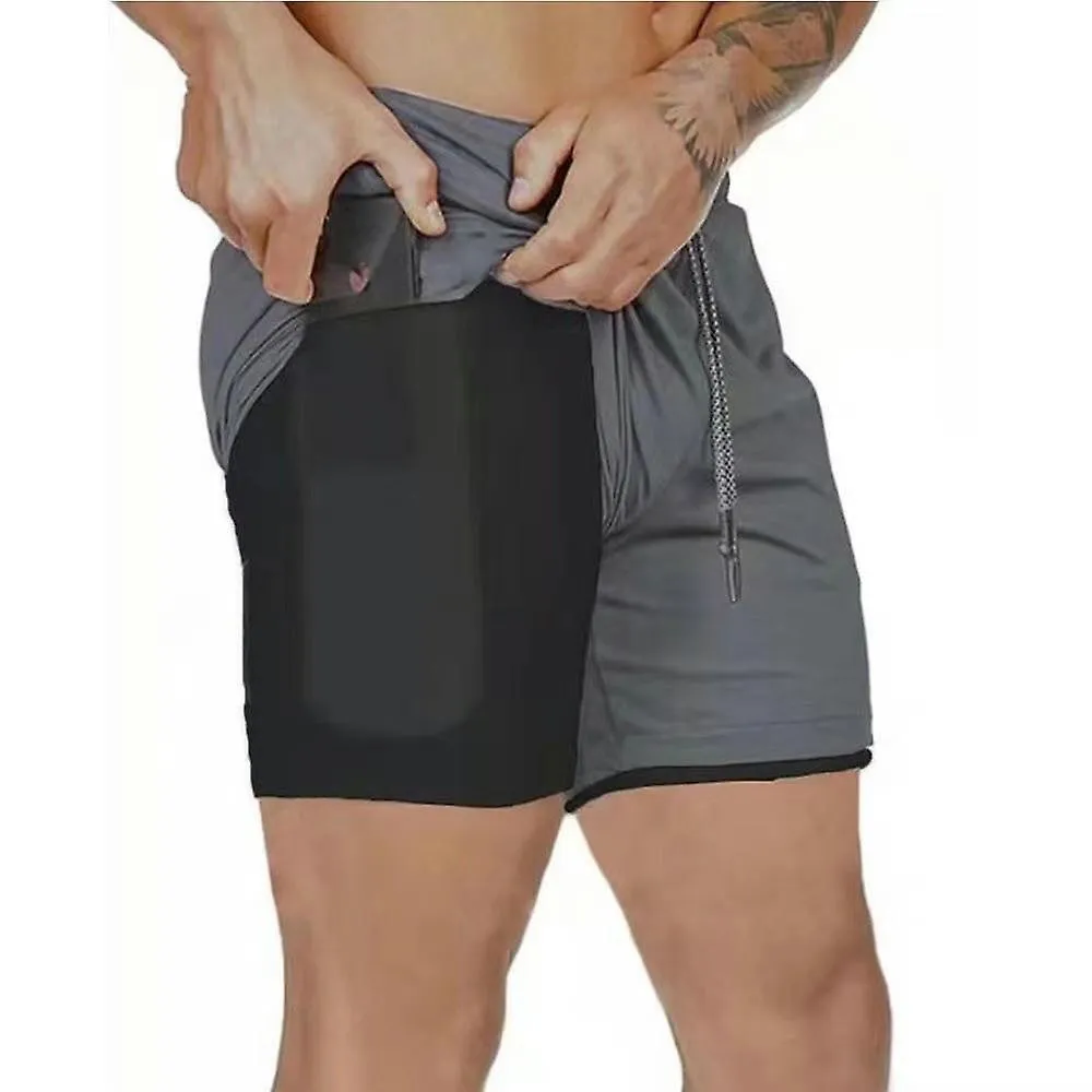 Men's 2 in 1 Workout Running Shorts Lightweight Training Gym Short with Zipper Pockets-Dark gray with a black background