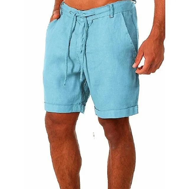 Men's Cotton Linen Shorts Elastic Waist Drawstring Casual Summer Beach Short-Light blue