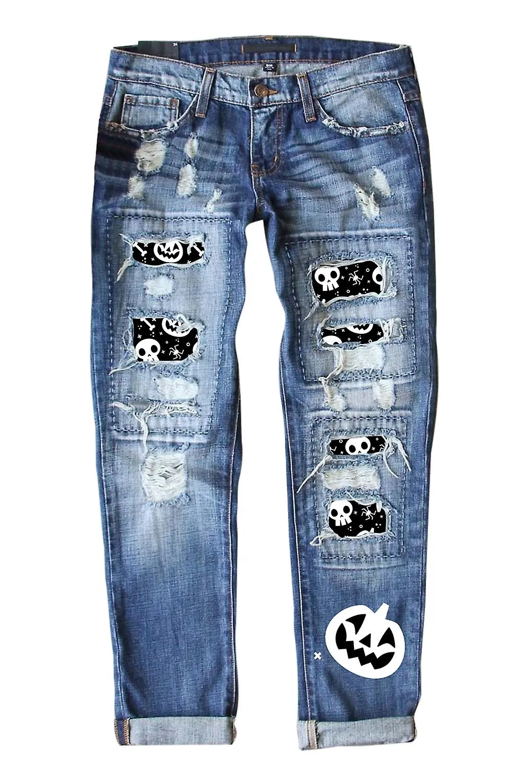 Mujer Cielo Azul Halloween Calavera Patchwork Distressed Jeans