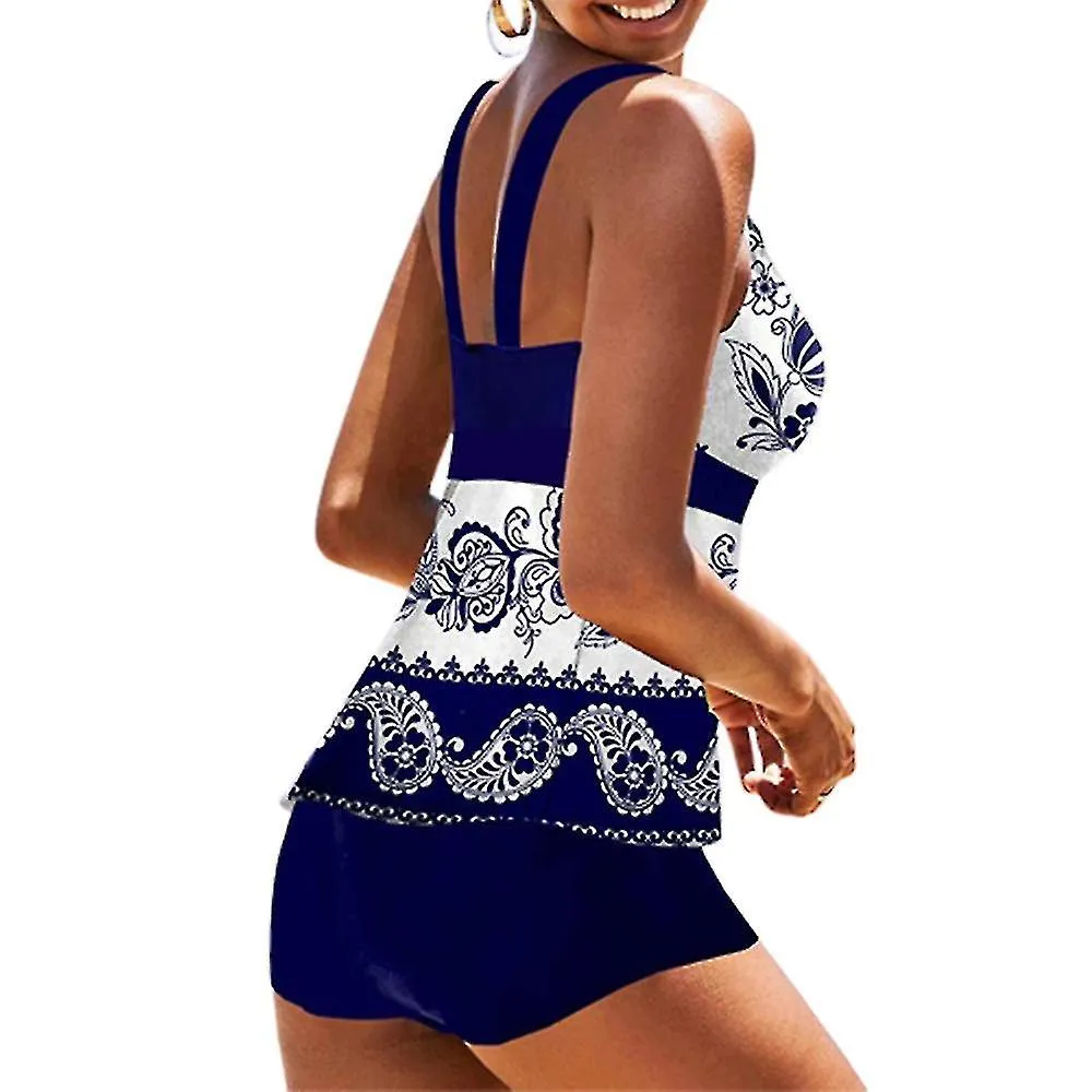 Plus Size Women Printed Swimwear V Neck Padded Tank Tops + Shorts Tankini Set Swimsuit Dark Blue