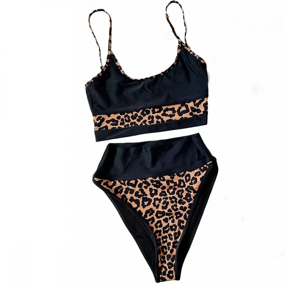 Sexy Leopard Print Women's Split High Waist Bikini Bathing Suit Slim Fit Vintage Suspender Swimsuit (L)