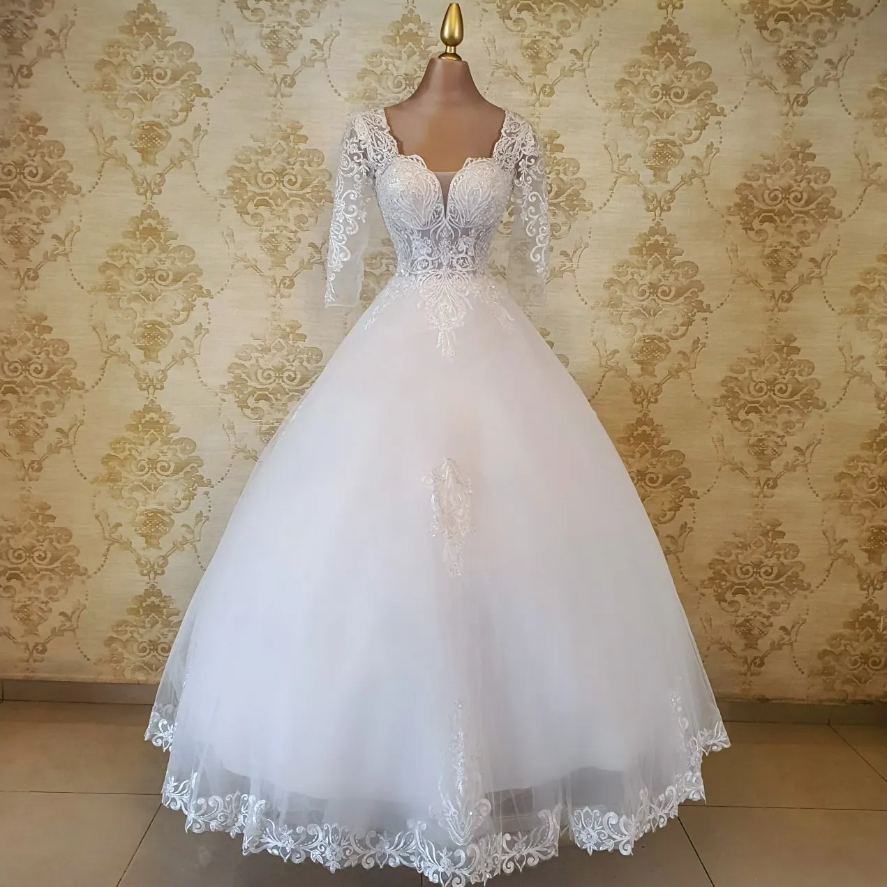 Vestido de Novia Corte Princesa Manga Tres Cuartos Encaje Bordado