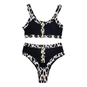 Vintage Leopard Splicing 2 Pcs, High-waist Split Triangle Bikini, Short Vest Swimsuit, Button Decoration (S)