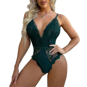 Women V Neck Bodysuit Lingerie See-through Lace Babydoll Underwear Sleepwear