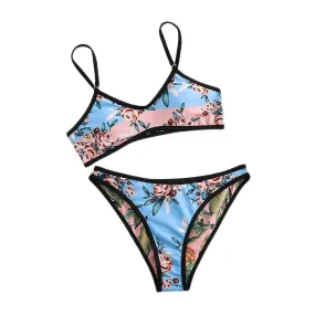 Women's Retro Sexy Bikini, Double-sided Printed Mid-waist Suspenders, Backless Swimsuit, Blue Pink (M)