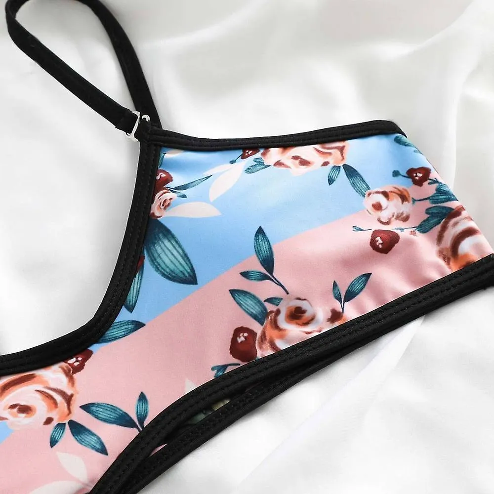 Women's Retro Sexy Bikini, Double-sided Printed Mid-waist Suspenders, Backless Swimsuit, Blue Pink (M)