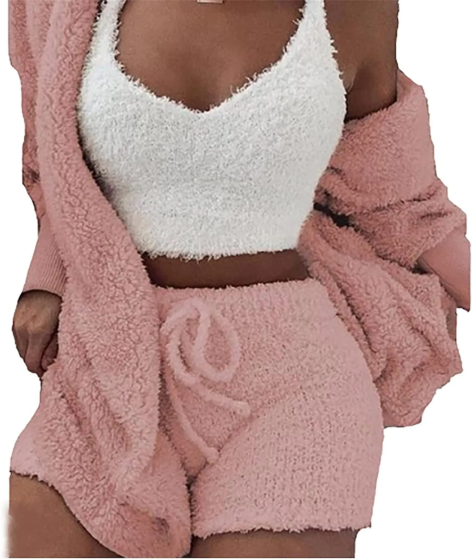 Women's Winter Plush Home Wear pink 3 Piece Pajamas Long Sleeved Fluffy Hooded Jacket with Open Front Coat & Shorts &